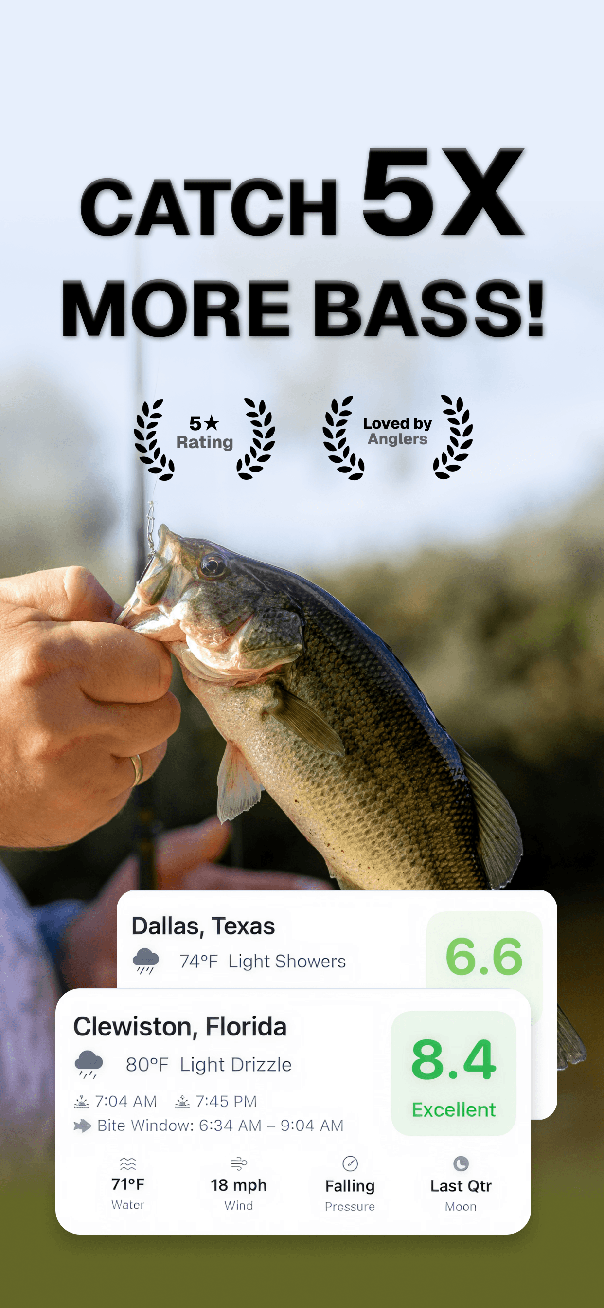 BassRadar app showing daily BiteRating for saved fishing spots