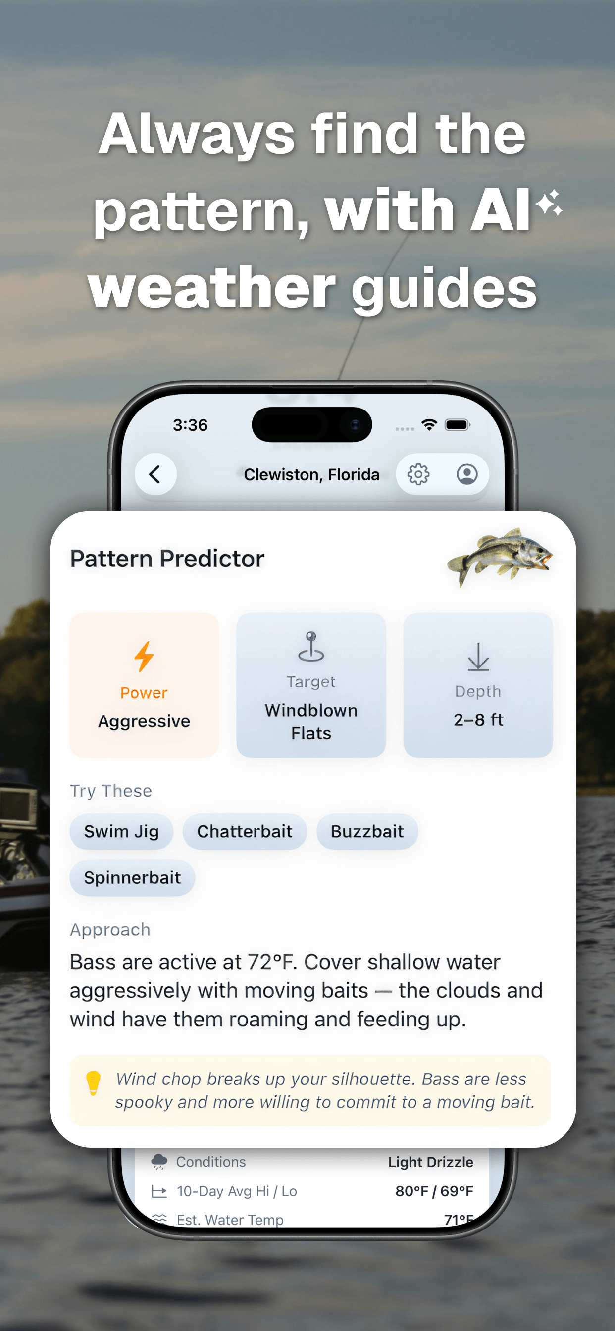 Pattern Predictor showing power approach, windblown flats, swim jig and chatterbait